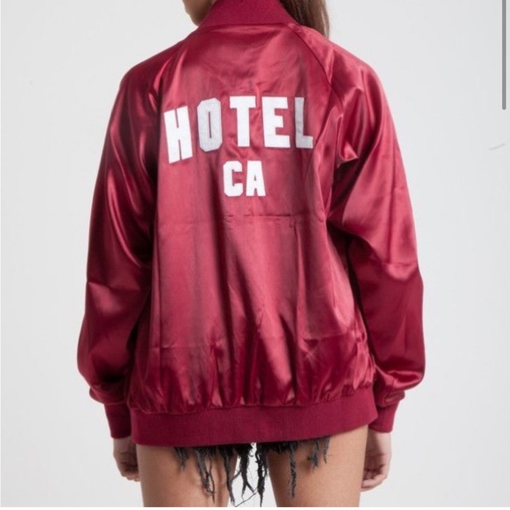 Hotel 1171 Hotel CA Cherry Red Satin Leopard Print Unisex Bomber Jacket*FLAWS*‎